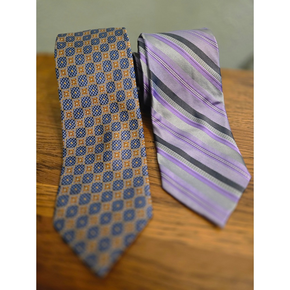 Bruno Piattelli Roma Mens Silk Tie Set 2pc Geometric Blue Gold Purple Striped